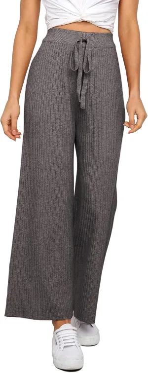 Waitfairy Womens Solid Rib Knit Wide Leg Pants Elastic Waist Flowy Sweater Pants