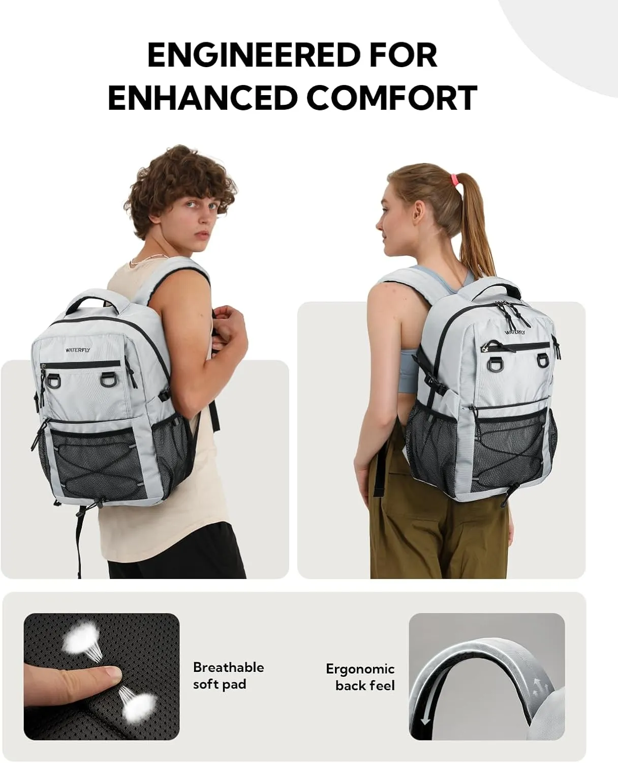 WATERFLY Travel Hiking Casual Backpack: Woman Man Everyday Commuter Outdoor City Daypack College Bookbag with Compartment - 22L Weekender Day Back Pack Carry on Airplane Flight Approved, Light Gray