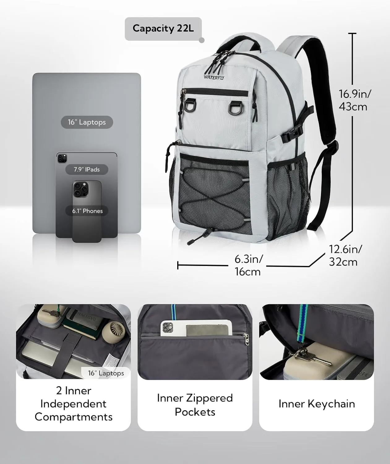 WATERFLY Travel Hiking Casual Backpack: Woman Man Everyday Commuter Outdoor City Daypack College Bookbag with Compartment - 22L Weekender Day Back Pack Carry on Airplane Flight Approved, Light Gray