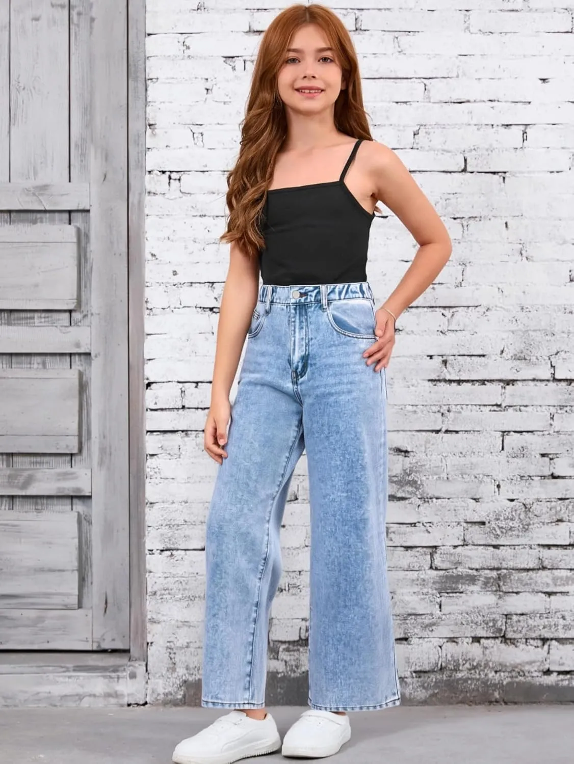 WDIRARA Girl's High Waisted Button Wide Leg Jeans Casual Long Denim Pants with Pocket