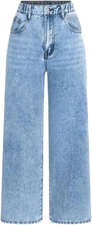 WDIRARA Girl's High Waisted Button Wide Leg Jeans Casual Long Denim Pants with Pocket