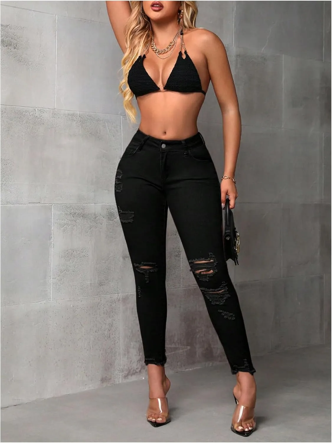 WDIRARA Women's Ripped Distressed Frayed Skinny Jeans Stretch Denim Pants