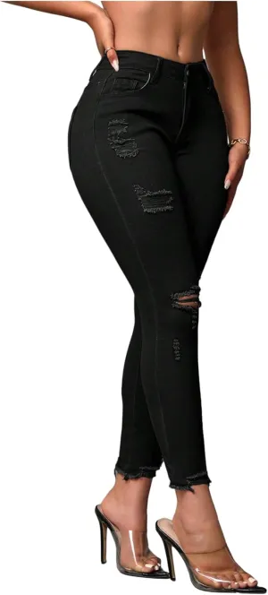 WDIRARA Women's Ripped Distressed Frayed Skinny Jeans Stretch Denim Pants