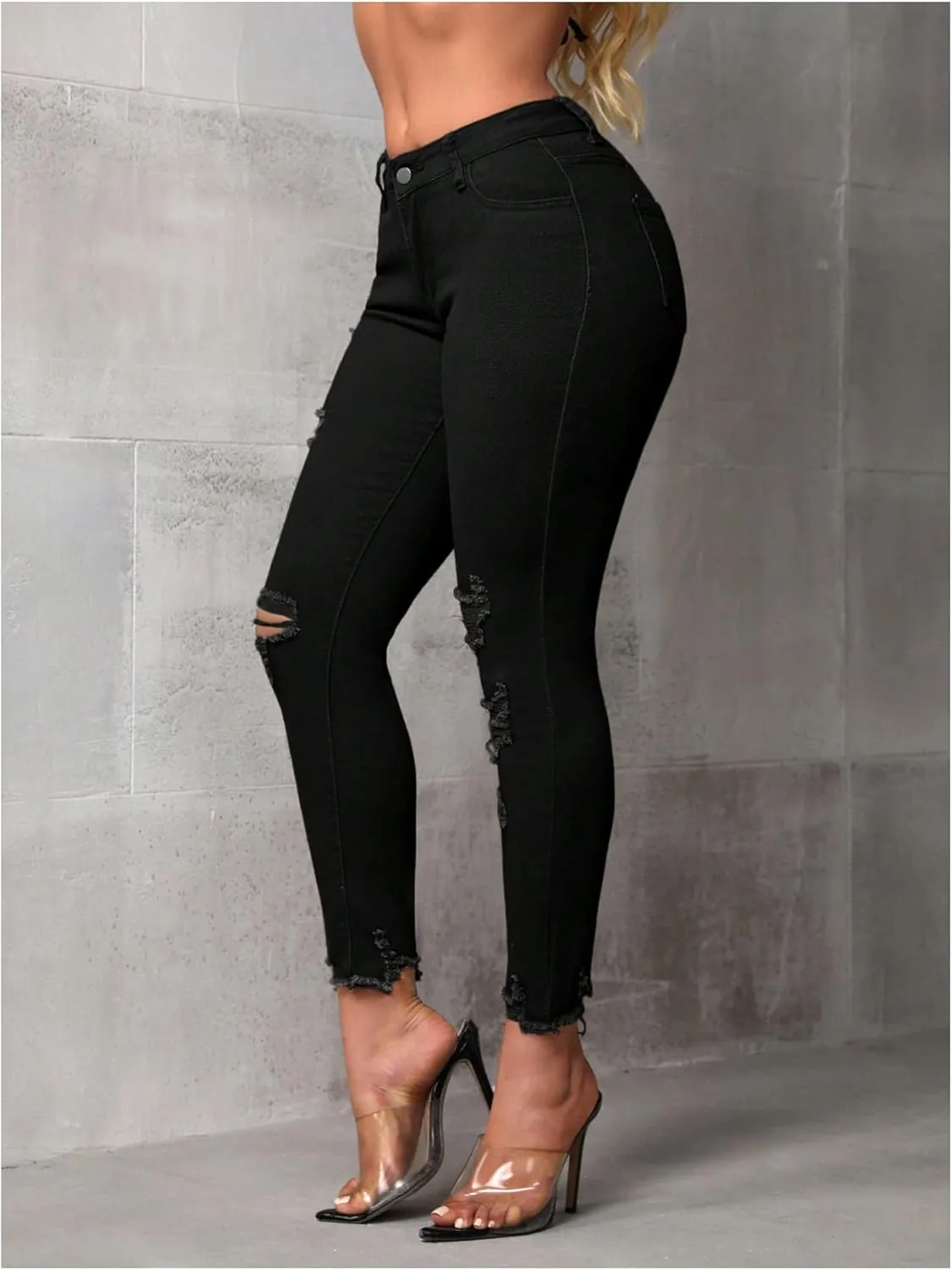 WDIRARA Women's Ripped Distressed Frayed Skinny Jeans Stretch Denim Pants