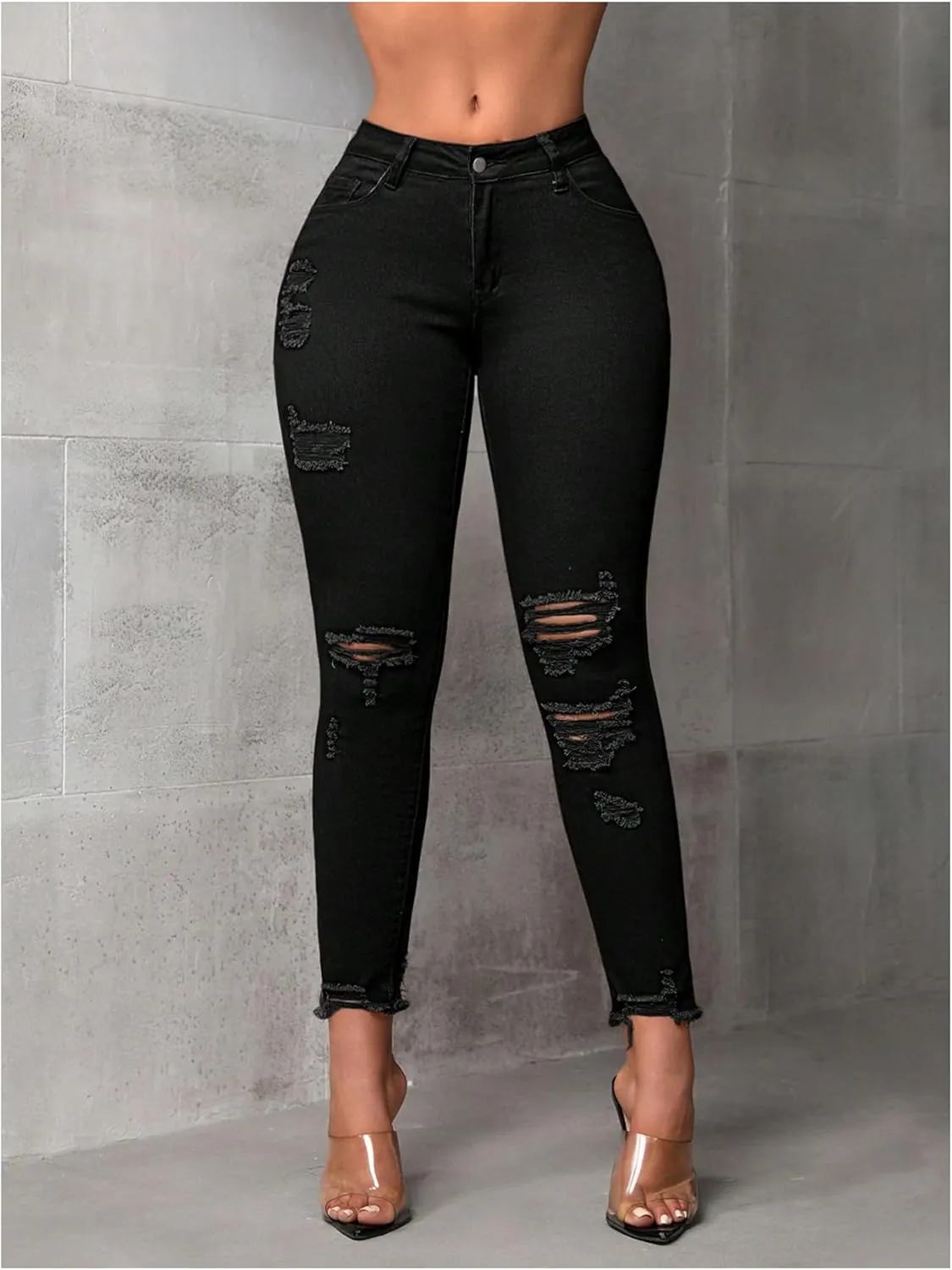 WDIRARA Women's Ripped Distressed Frayed Skinny Jeans Stretch Denim Pants