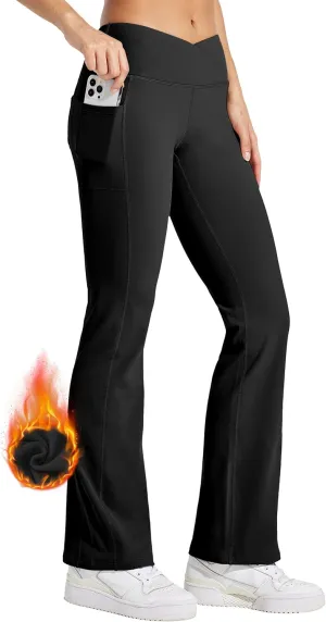 Willit Women's Fleece Lined Pants Yoga Crossover Leggings Bootcut Thermal Winter Pants Flare Leggings Water Resistant