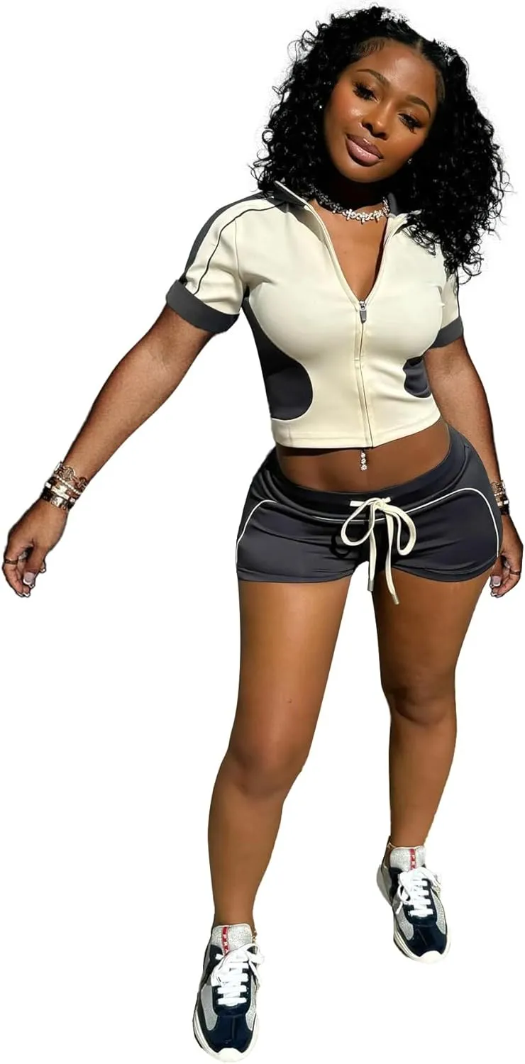 Women 2 Piece Outfits Tracksuit Jumpsuits Zip Tops Short Pants Set 2025 Y2K Outfits