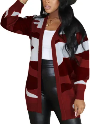 Women Camo Cardigan Casual Open Front Long Sleeve Sweater Coat Outwear