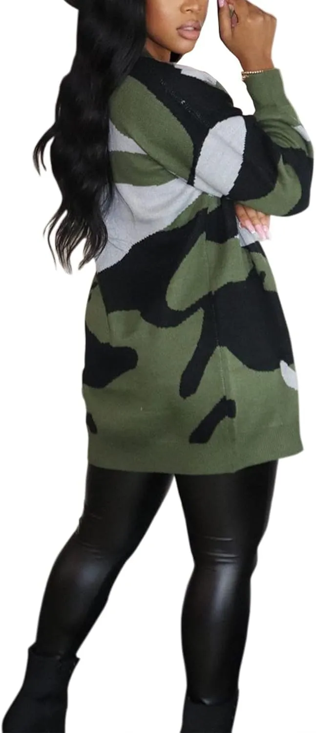 Women Camo Cardigan Casual Open Front Long Sleeve Sweater Coat Outwear