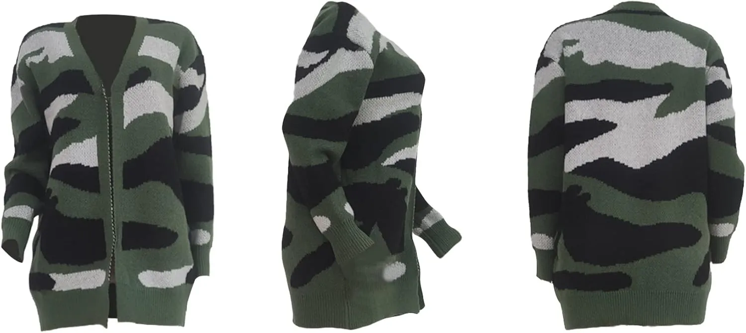 Women Camo Cardigan Casual Open Front Long Sleeve Sweater Coat Outwear