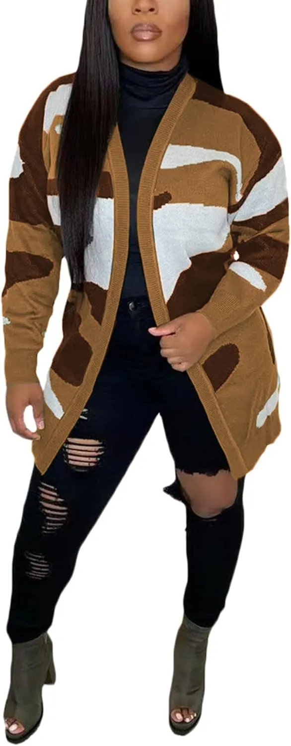 Women Camo Cardigan Casual Open Front Long Sleeve Sweater Coat Outwear