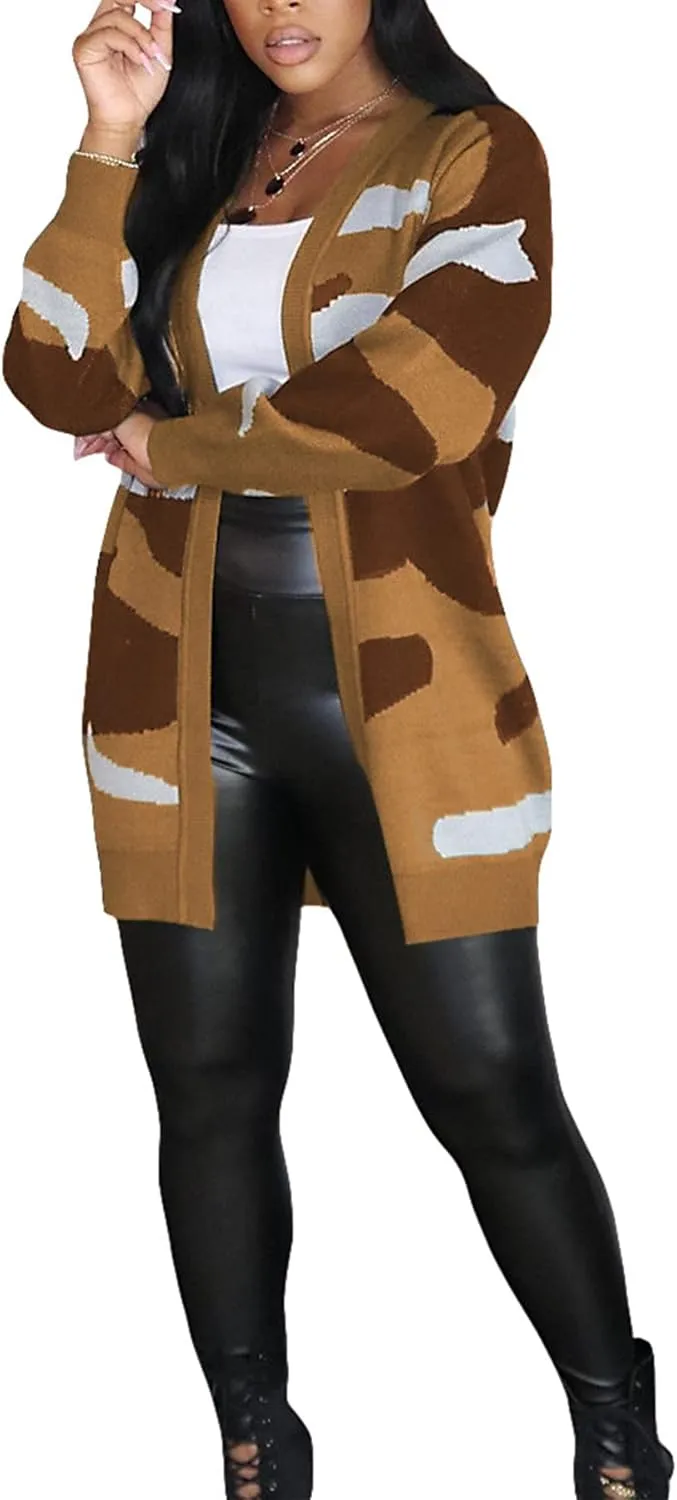 Women Camo Cardigan Casual Open Front Long Sleeve Sweater Coat Outwear