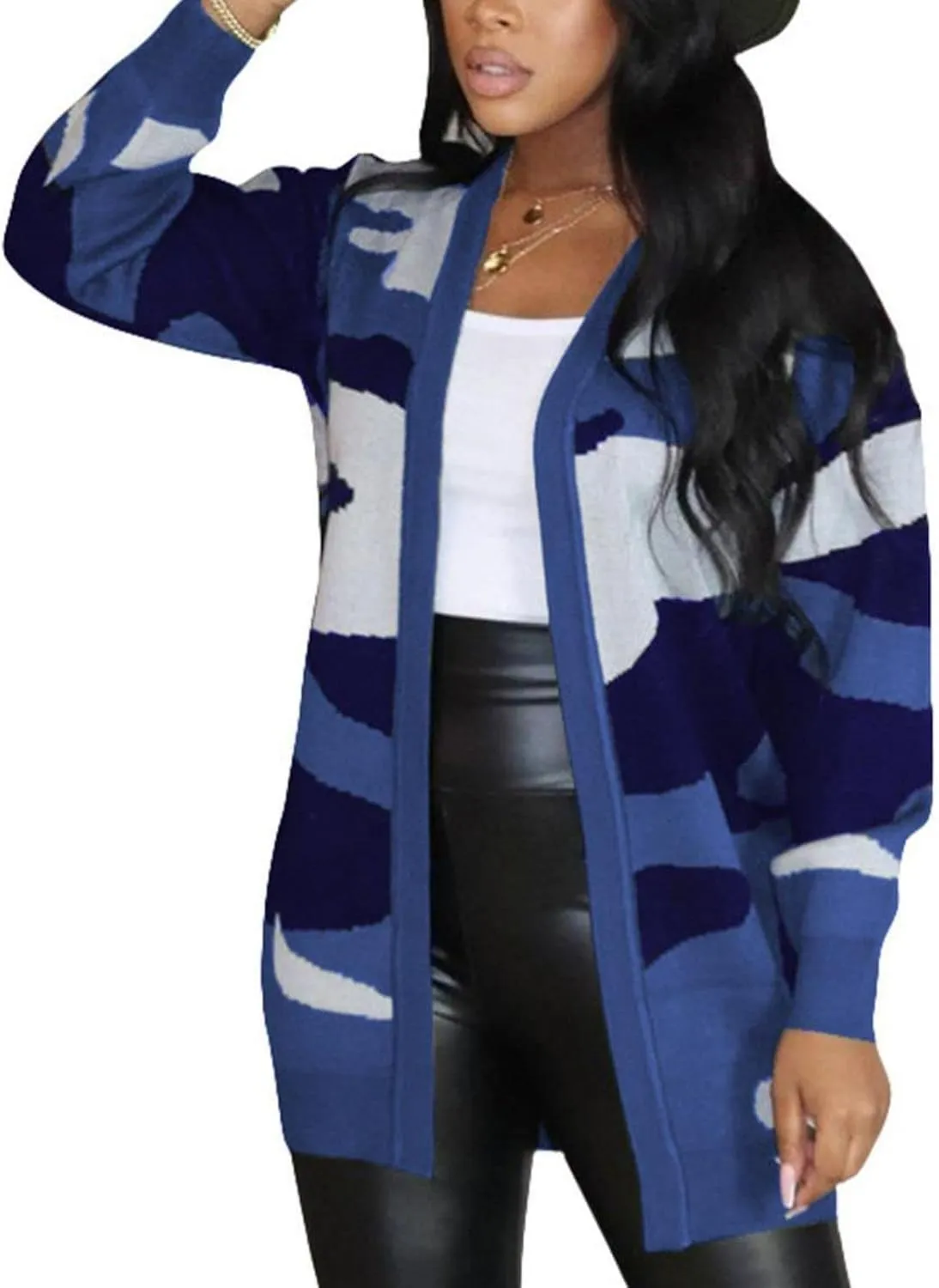 Women Camo Cardigan Casual Open Front Long Sleeve Sweater Coat Outwear
