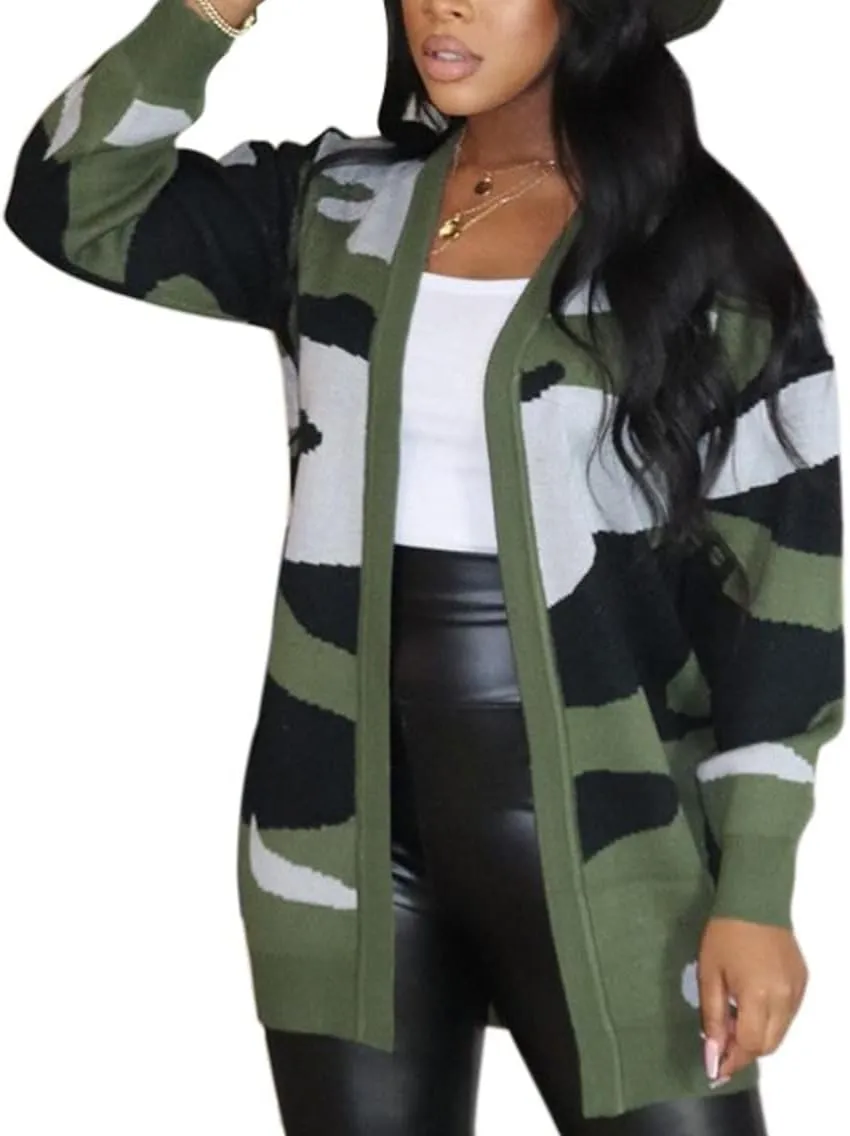 Women Camo Cardigan Casual Open Front Long Sleeve Sweater Coat Outwear