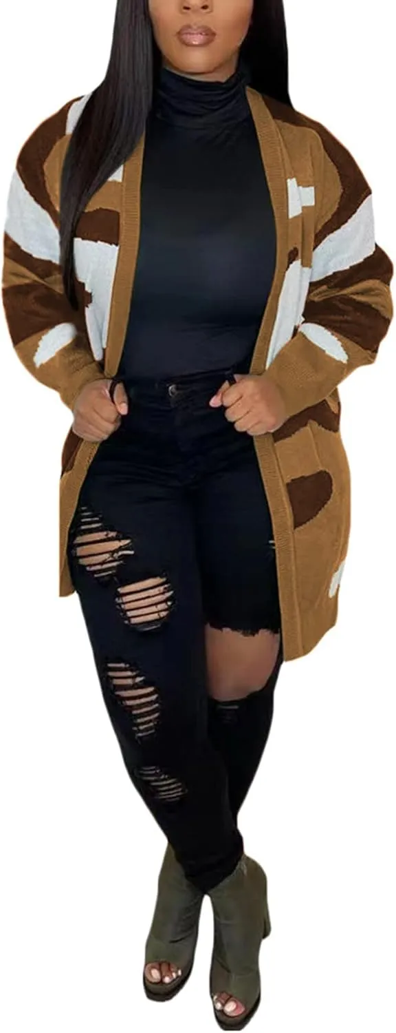 Women Camo Cardigan Casual Open Front Long Sleeve Sweater Coat Outwear