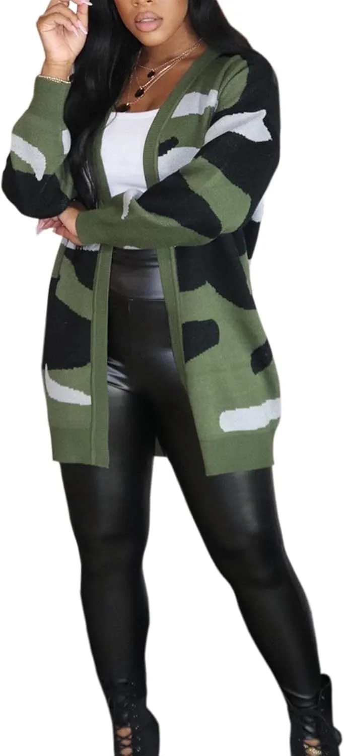 Women Camo Cardigan Casual Open Front Long Sleeve Sweater Coat Outwear