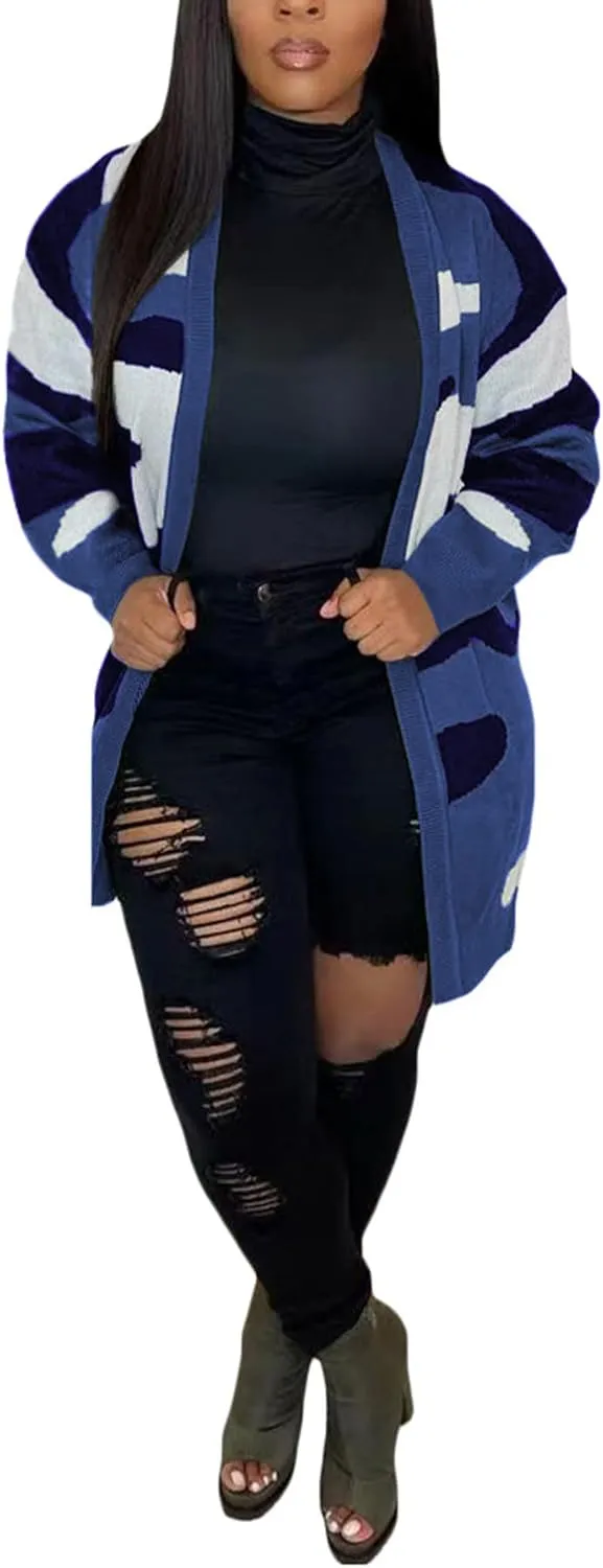 Women Camo Cardigan Casual Open Front Long Sleeve Sweater Coat Outwear