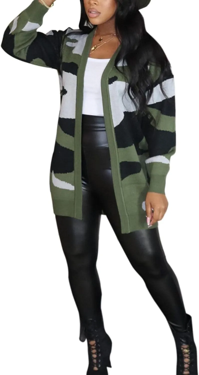 Women Camo Cardigan Casual Open Front Long Sleeve Sweater Coat Outwear