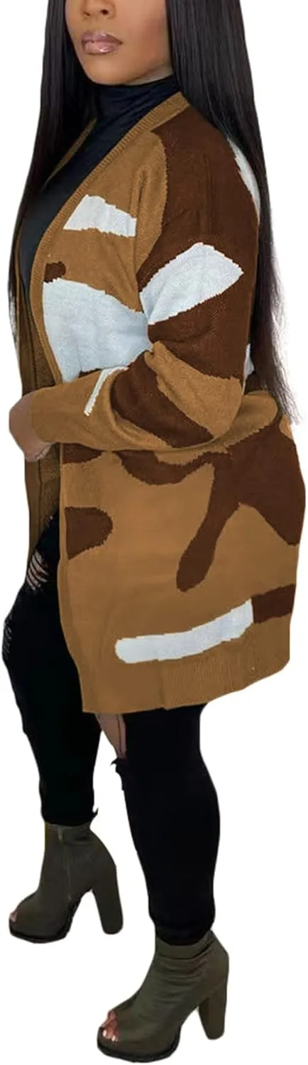 Women Camo Cardigan Casual Open Front Long Sleeve Sweater Coat Outwear