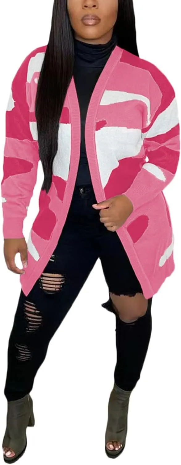 Women Camo Cardigan Casual Open Front Long Sleeve Sweater Coat Outwear