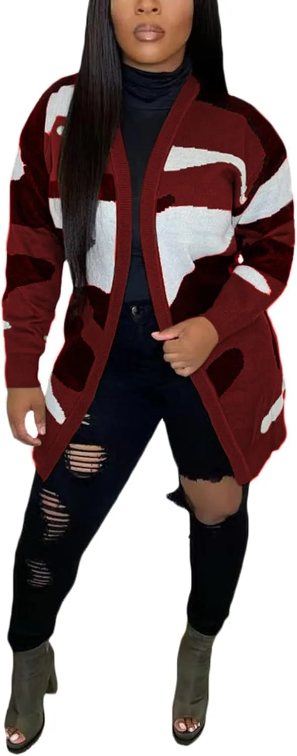 Women Camo Cardigan Casual Open Front Long Sleeve Sweater Coat Outwear