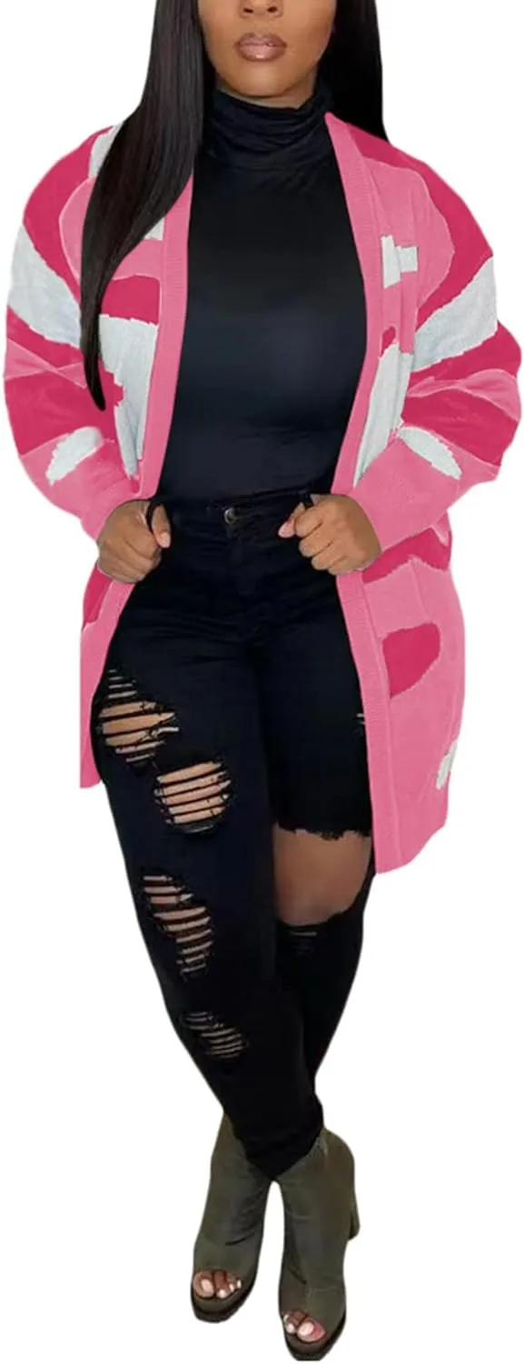 Women Camo Cardigan Casual Open Front Long Sleeve Sweater Coat Outwear