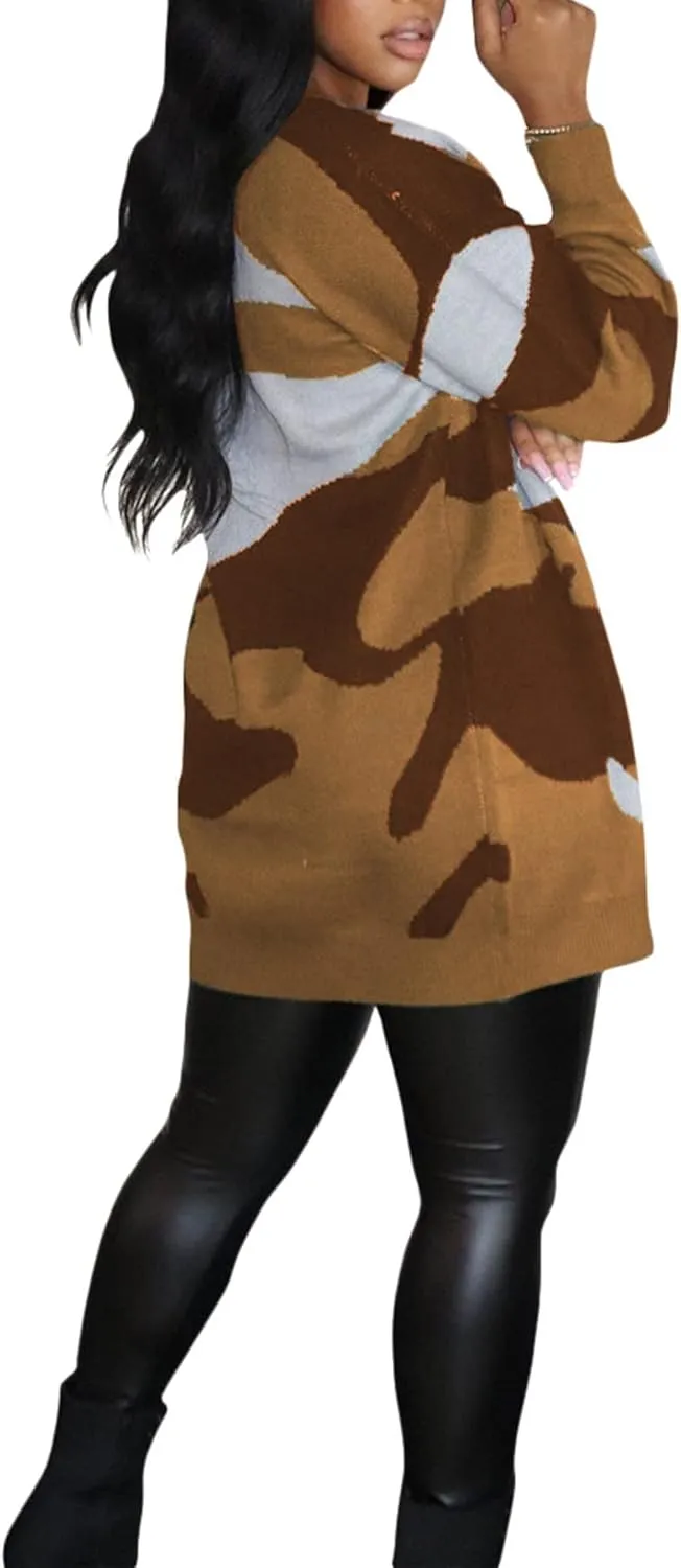 Women Camo Cardigan Casual Open Front Long Sleeve Sweater Coat Outwear
