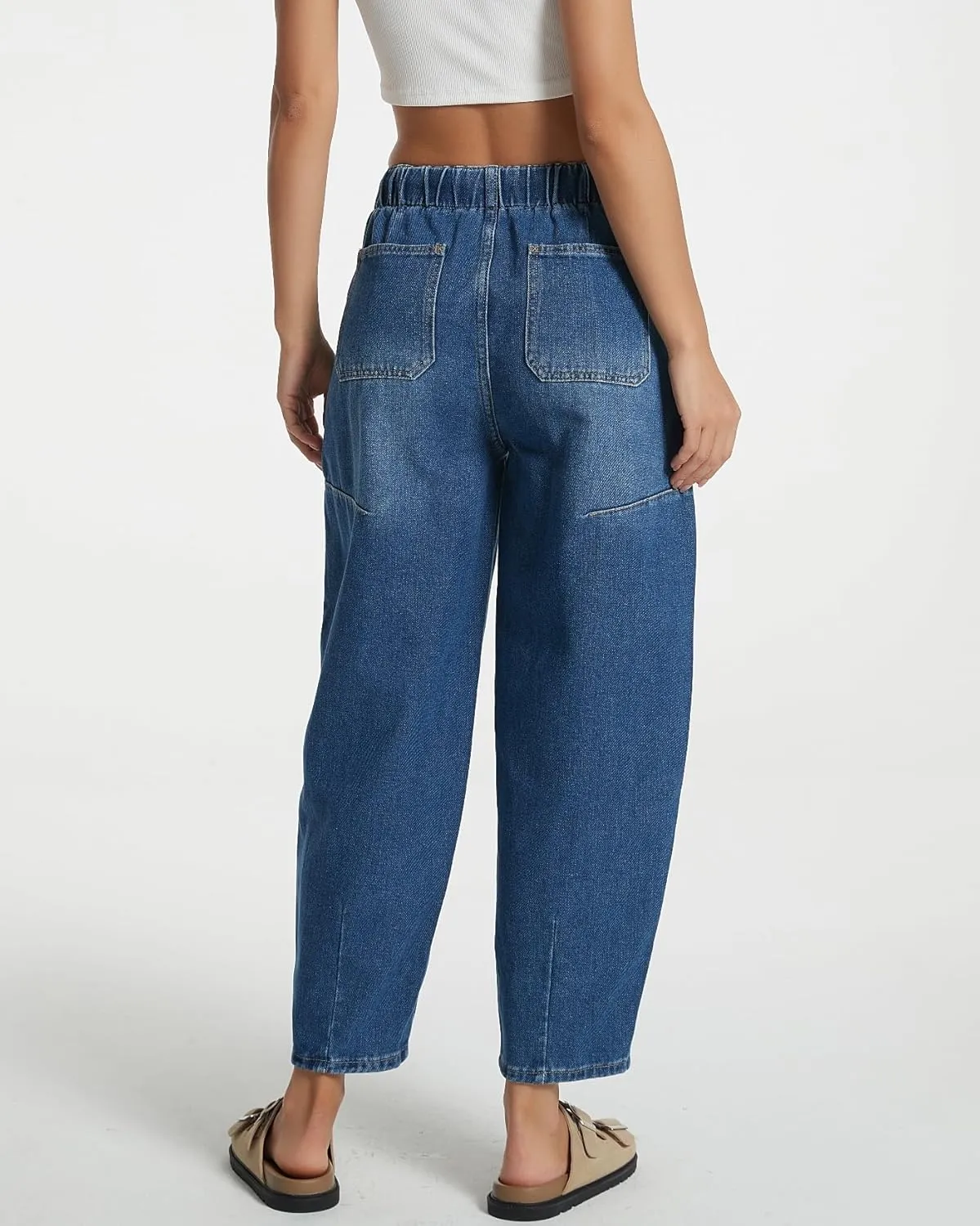 Women Casual Loose Cropped Pants Denim Bloomers Elastic Waist with Pockets
