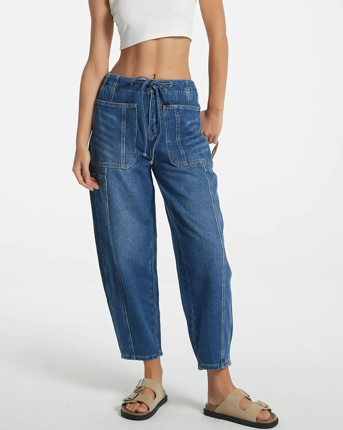Women Casual Loose Cropped Pants Denim Bloomers Elastic Waist with Pockets