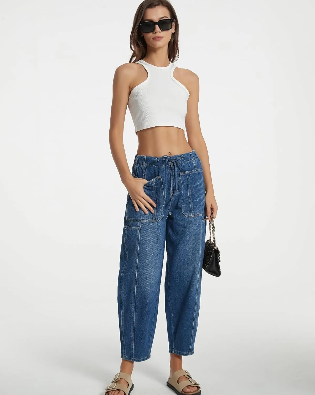 Women Casual Loose Cropped Pants Denim Bloomers Elastic Waist with Pockets