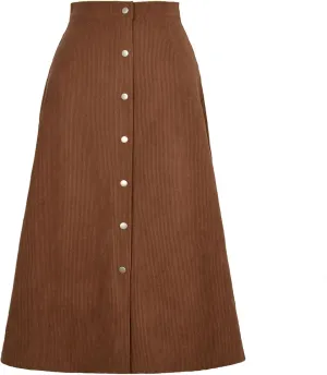 Women Corduroy Skirts Long Skirt with High Waist Narrow a Line Casual Midi Leisure Button Placket and Split Hem(L-Brown)