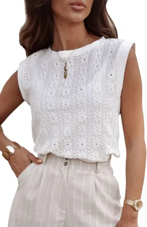 Women Eyelet Tank Tops Floral Casual Round Neck Sleeveless Summer Tops Trendy Beach Vacation Clothes