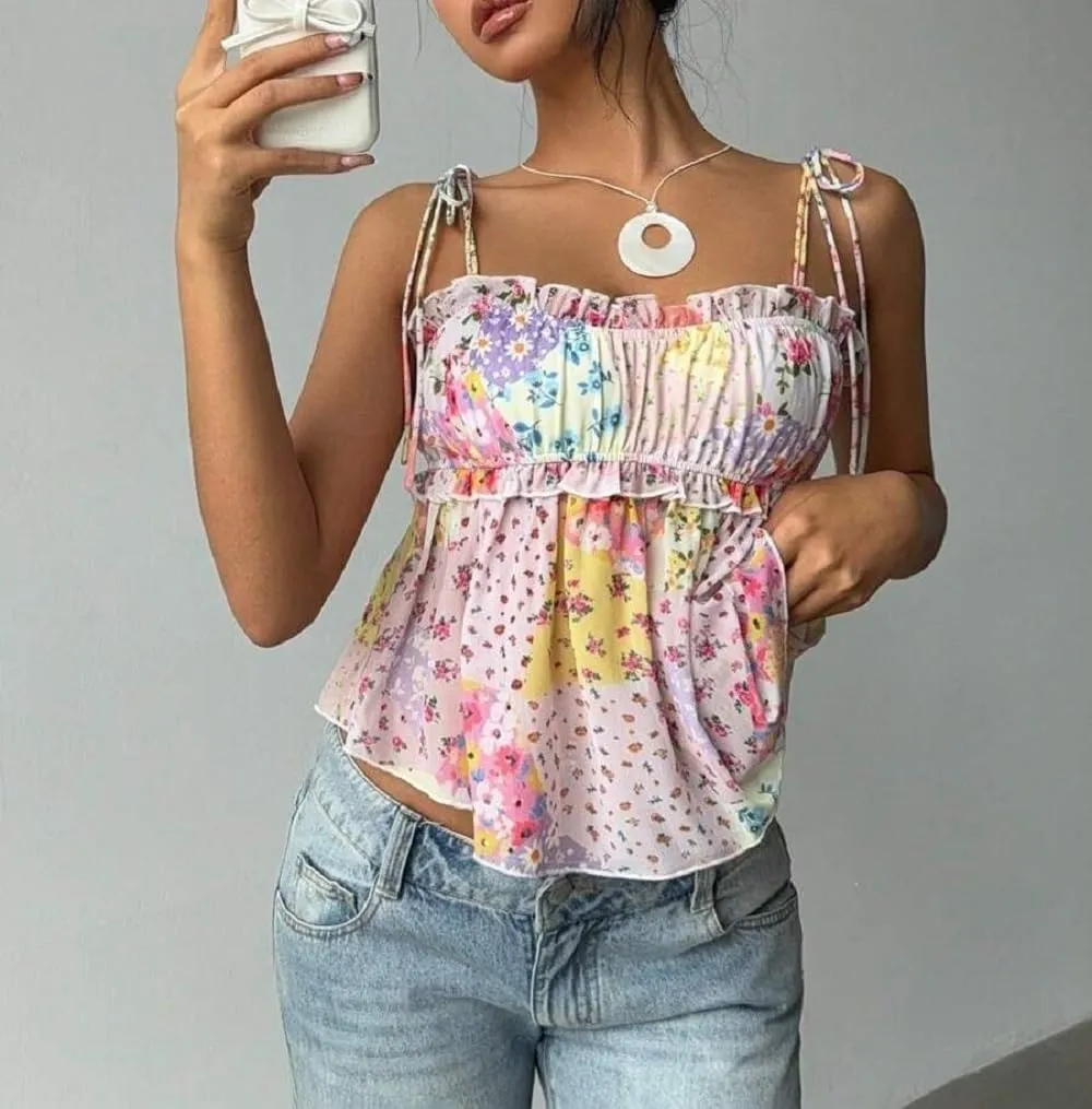 Women Floral Mesh Cami Crop Top Y2k V Neck Ruffle Spaghetti Strap Tank Tops Sexy Low Cut Going Out Camisole