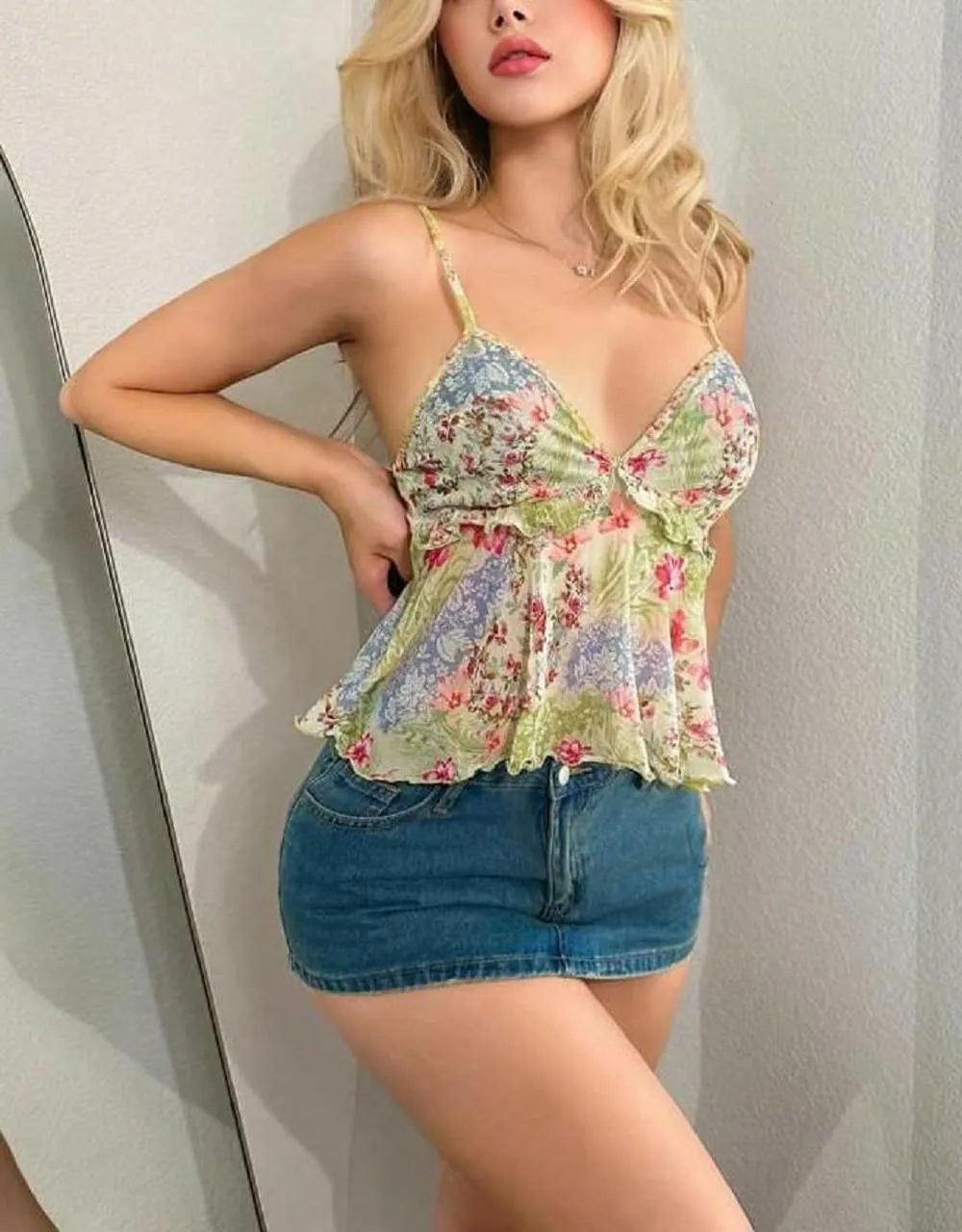 Women Floral Mesh Cami Crop Top Y2k V Neck Ruffle Spaghetti Strap Tank Tops Sexy Low Cut Going Out Camisole