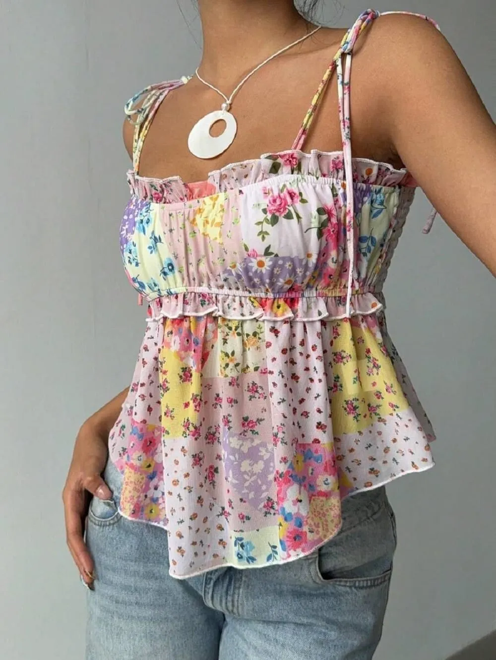 Women Floral Mesh Cami Crop Top Y2k V Neck Ruffle Spaghetti Strap Tank Tops Sexy Low Cut Going Out Camisole