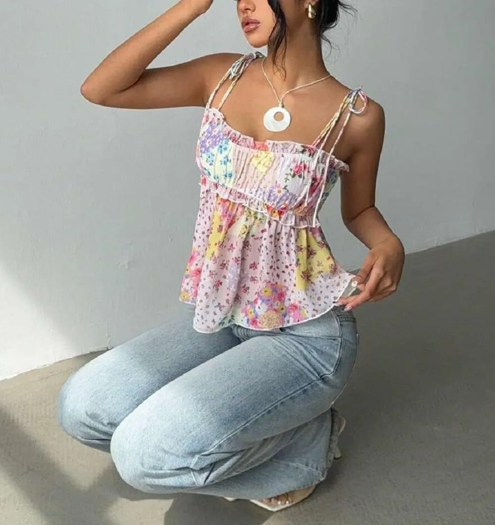 Women Floral Mesh Cami Crop Top Y2k V Neck Ruffle Spaghetti Strap Tank Tops Sexy Low Cut Going Out Camisole