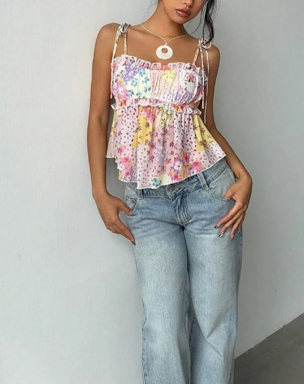 Women Floral Mesh Cami Crop Top Y2k V Neck Ruffle Spaghetti Strap Tank Tops Sexy Low Cut Going Out Camisole
