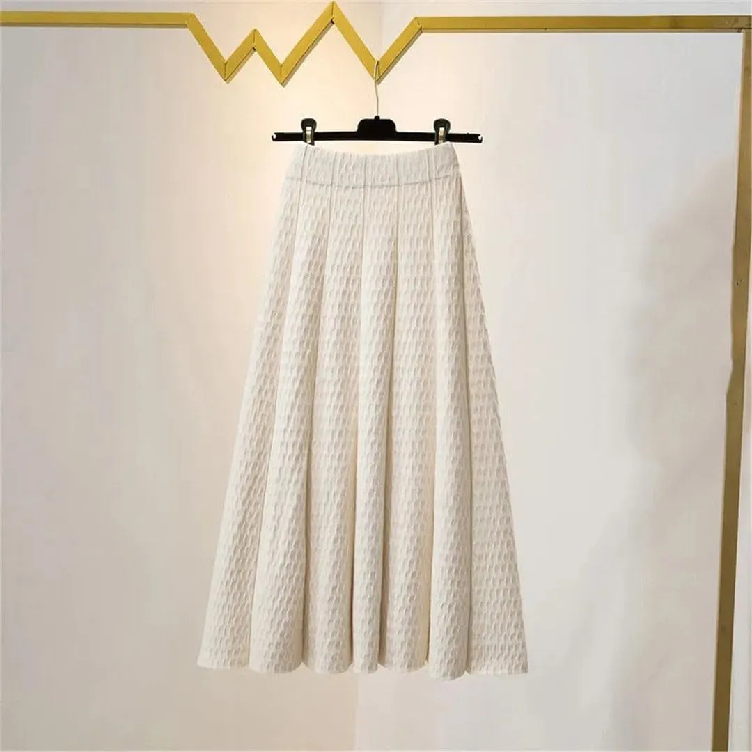 Women High Waist Knitted Midi Skirt Autumn Winter Simple Solid Pleated Skirts Elegant A-Line Midi Skirt