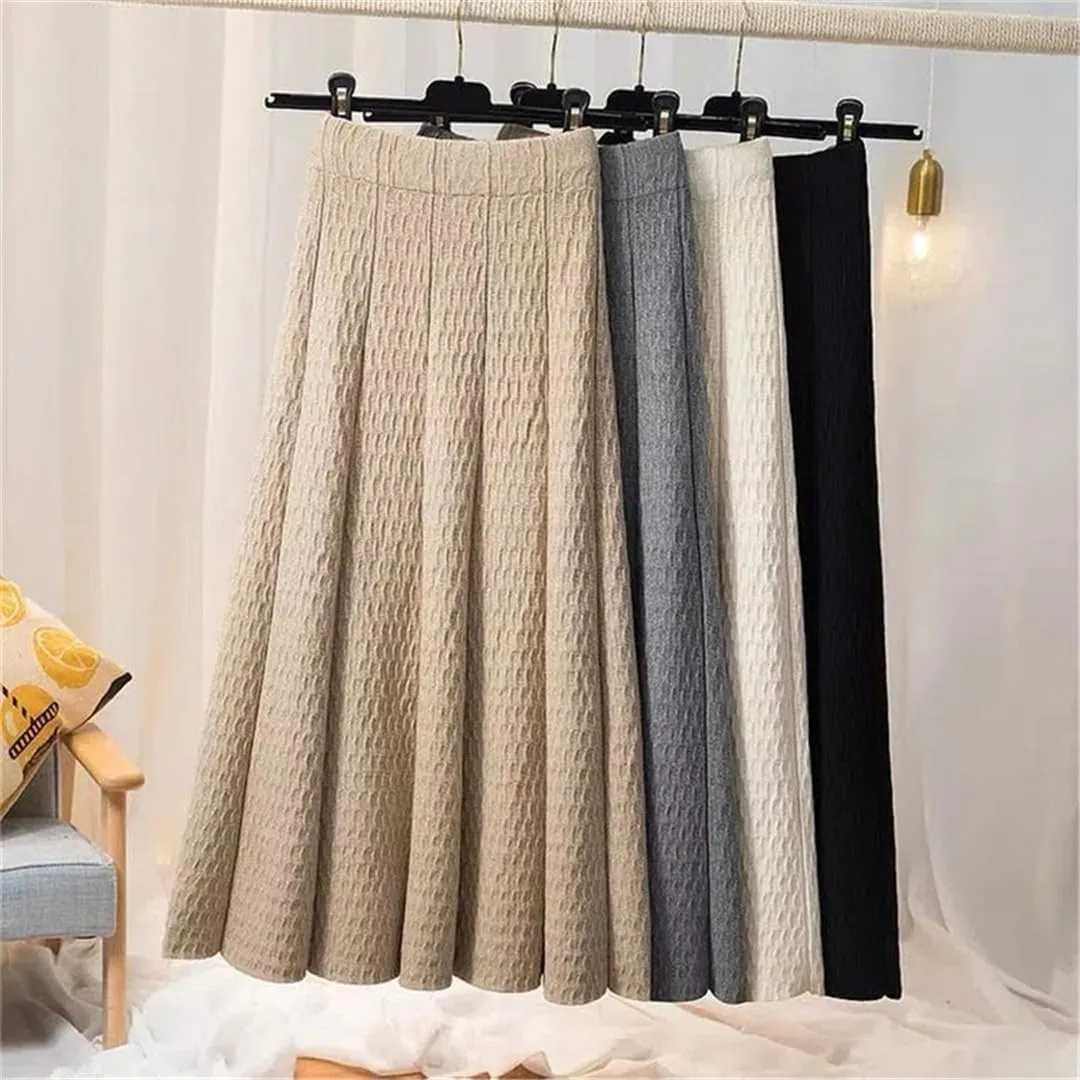 Women High Waist Knitted Midi Skirt Autumn Winter Simple Solid Pleated Skirts Elegant A-Line Midi Skirt