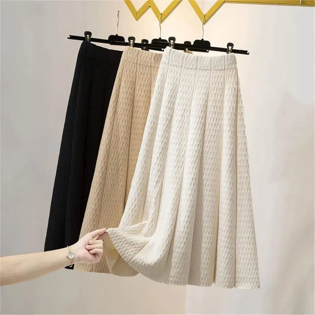 Women High Waist Knitted Midi Skirt Autumn Winter Simple Solid Pleated Skirts Elegant A-Line Midi Skirt