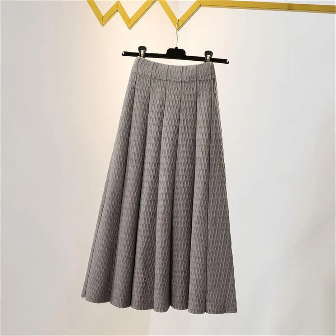 Women High Waist Knitted Midi Skirt Autumn Winter Simple Solid Pleated Skirts Elegant A-Line Midi Skirt