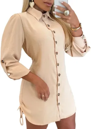 Women Shirt Dress Sexy Long Sleeve Button Down Blouses Side Drawstring Mini Dresses