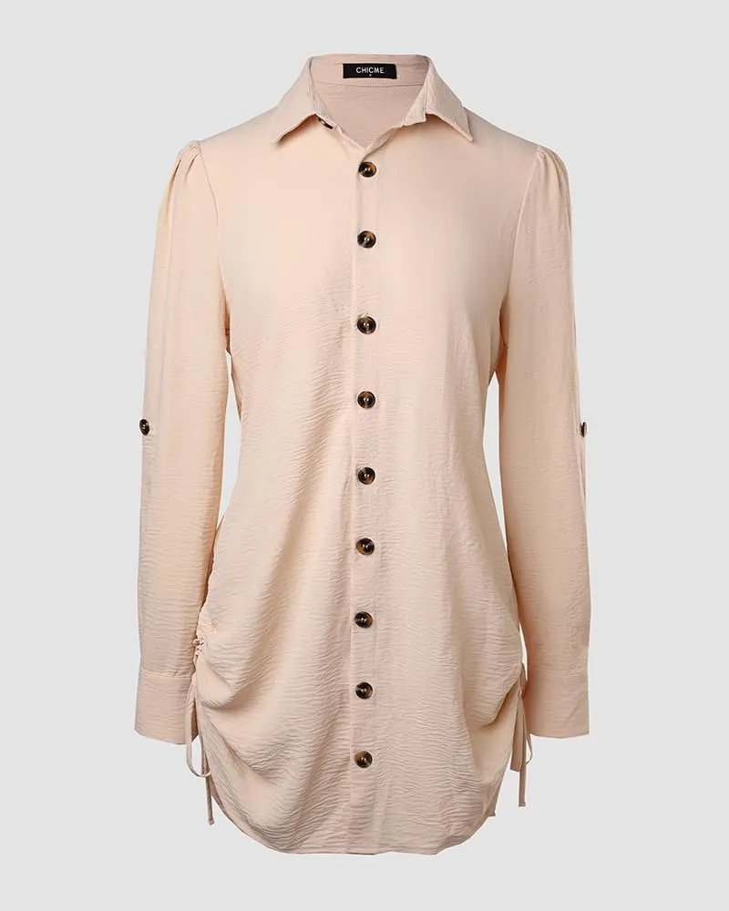 Women Shirt Dress Sexy Long Sleeve Button Down Blouses Side Drawstring Mini Dresses