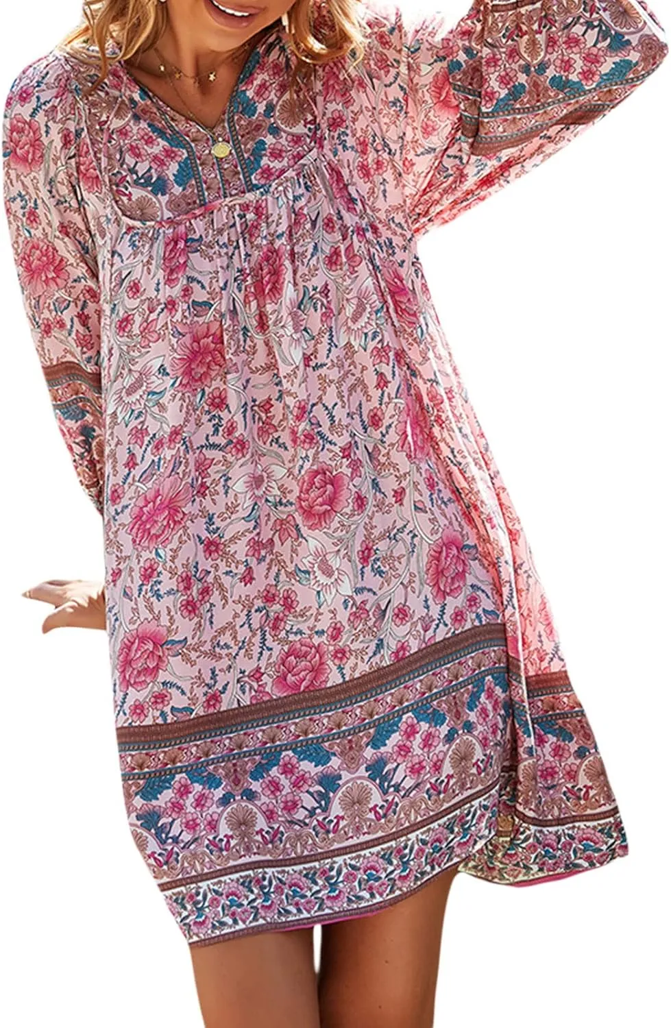 Women Summer Boho Dresses Casual Long Sleeve V Neck Ruffle Floral Flowy Babydoll Mini Short Beach Dress