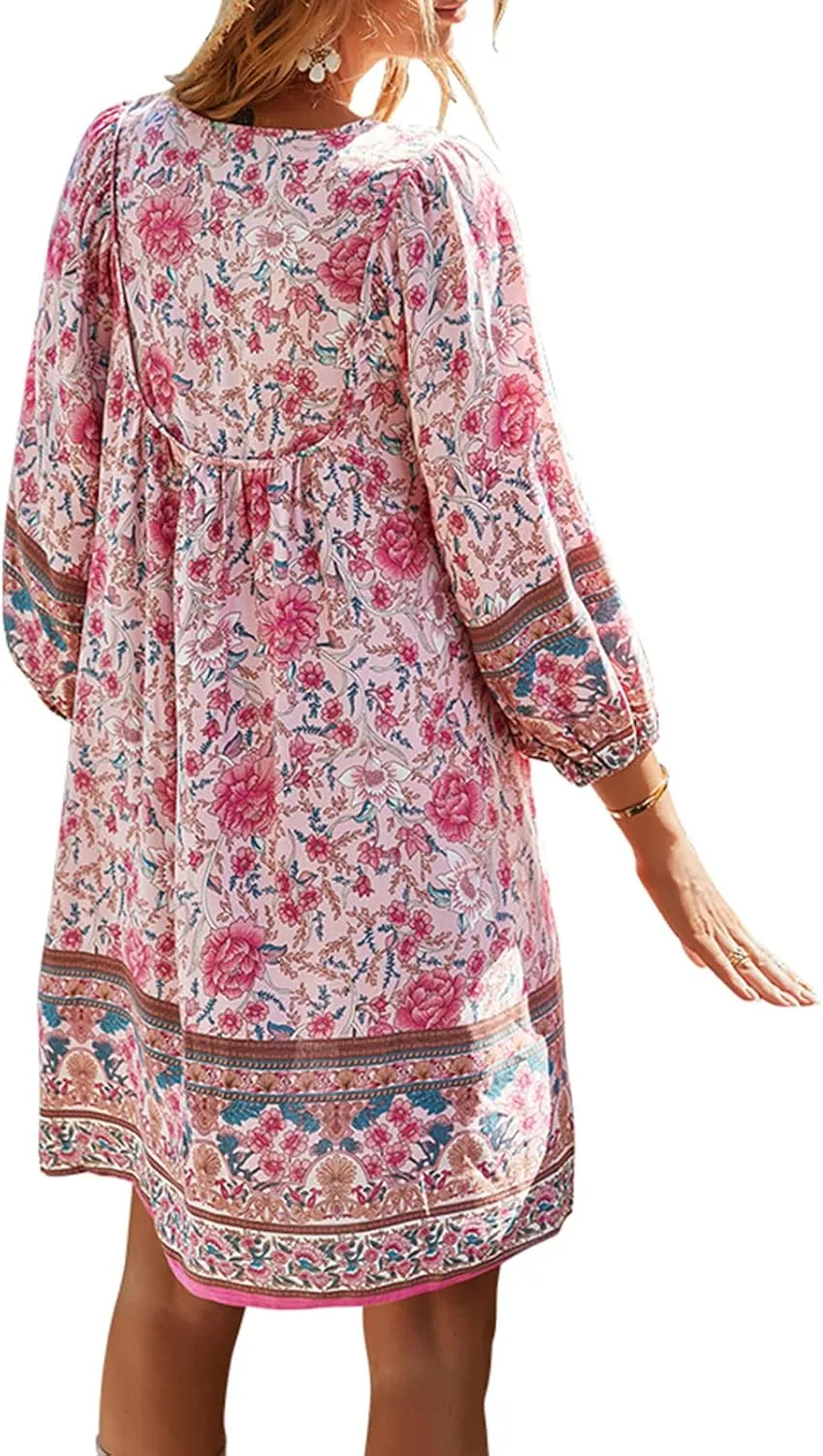 Women Summer Boho Dresses Casual Long Sleeve V Neck Ruffle Floral Flowy Babydoll Mini Short Beach Dress