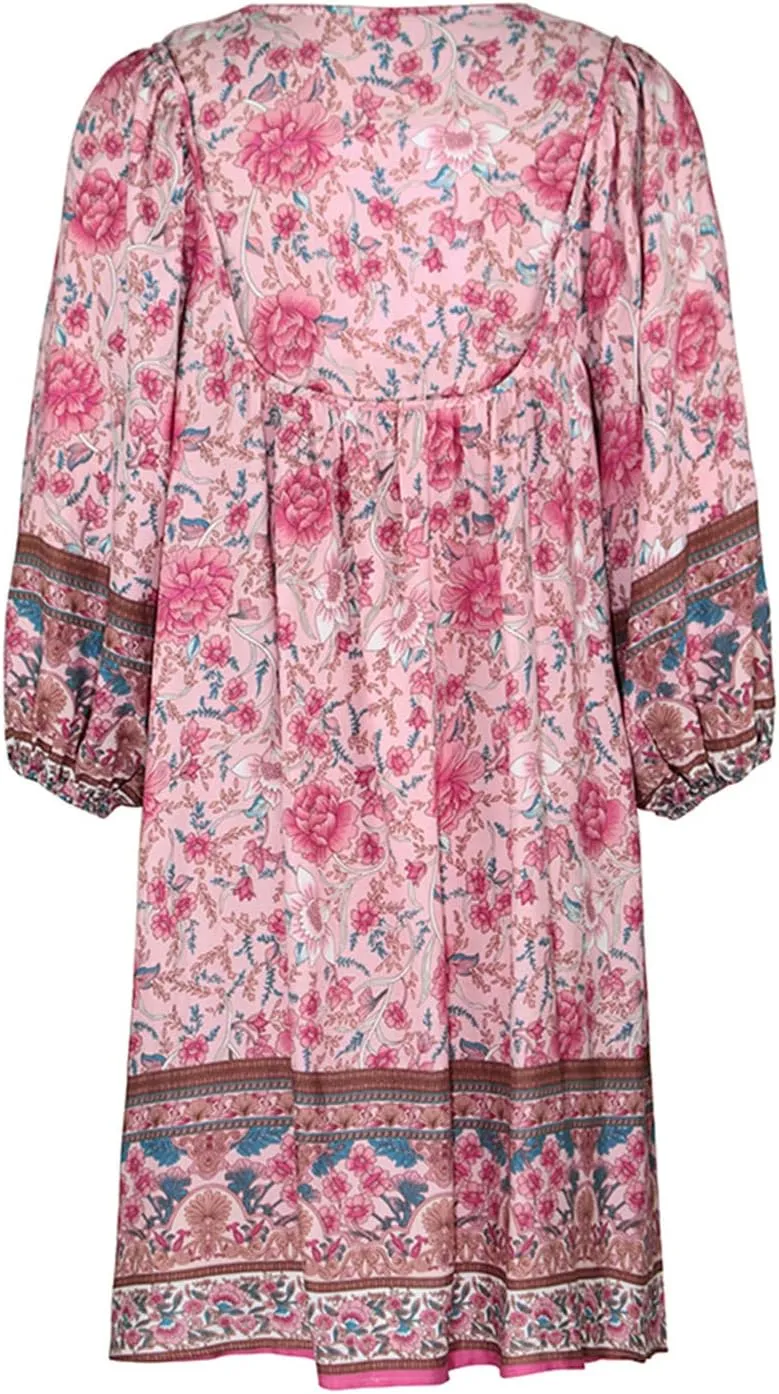 Women Summer Boho Dresses Casual Long Sleeve V Neck Ruffle Floral Flowy Babydoll Mini Short Beach Dress
