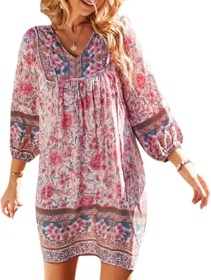 Women Summer Boho Dresses Casual Long Sleeve V Neck Ruffle Floral Flowy Babydoll Mini Short Beach Dress