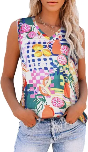 Women Summer Tops Sleeveless V Neck Tshirt Casual Loose Fit Tank Tunic Blouses