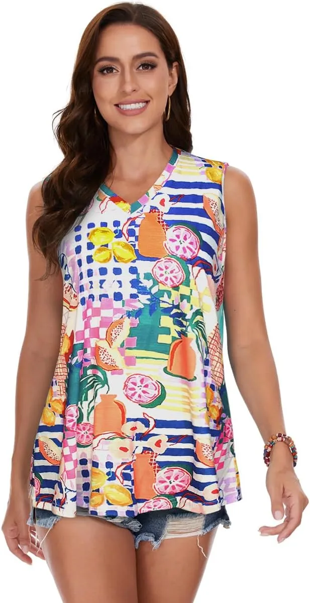 Women Summer Tops Sleeveless V Neck Tshirt Casual Loose Fit Tank Tunic Blouses