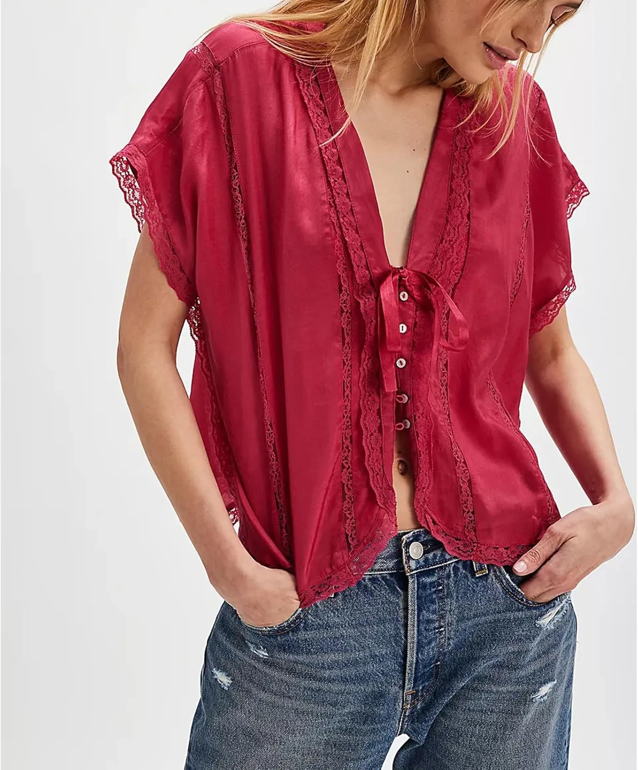 Women Y2k Sheer Lace Trim Button Up Tank Tops Cute Front Tie Up V Neck Going Out Blouse Shirts Vest Summer